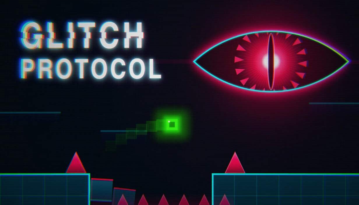 Glitch Protocol title with a neon eye above platforms and spikes